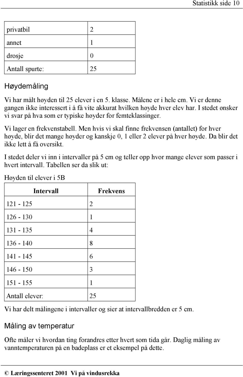 Men hvis vi skal finne frekvensen (antallet) for hver høyde, blir det mange høyder og kanskje 0, 1 eller 2 elever på hver høyde. Da blir det ikke lett å få oversikt.