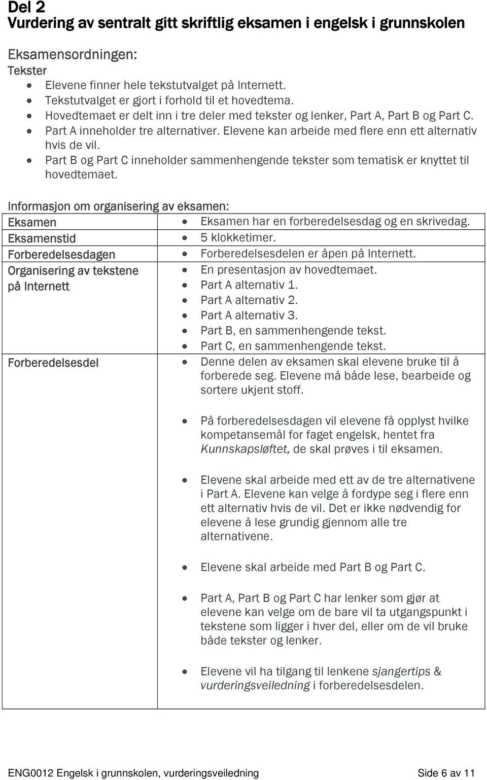 Part B og Part C inneholder sammenhengende tekster som tematisk er knyttet til hovedtemaet. Informasjon om organisering av eksamen: Eksamen Eksamen har en forberedelsesdag og en skrivedag.