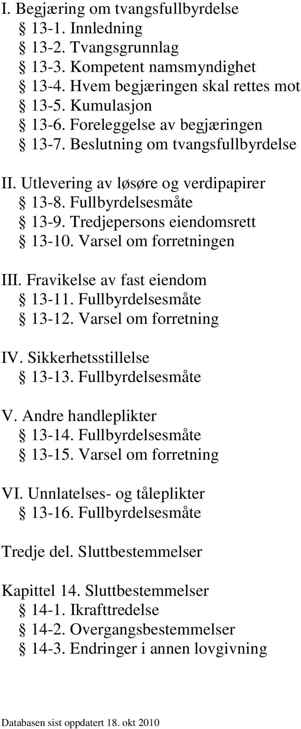 Fullbyrdelsesmåte 13-12. Varsel om forretning IV. Sikkerhetsstillelse 13-13. Fullbyrdelsesmåte V. Andre handleplikter 13-14. Fullbyrdelsesmåte 13-15. Varsel om forretning VI.