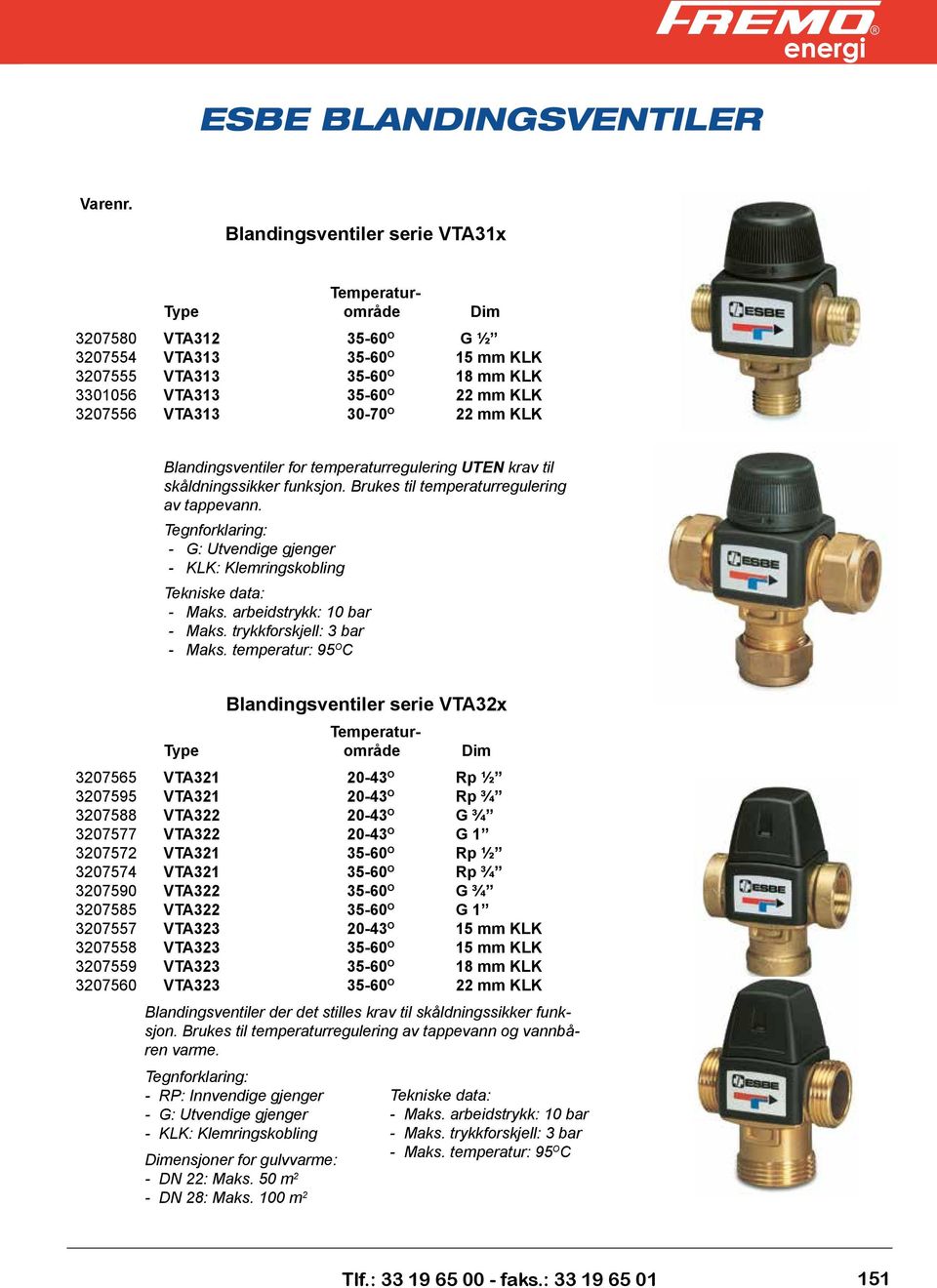 Tegnforklaring: G: Utvendige gjenger KLK: Klemringskobling Maks. arbeidstrykk: 10 bar Maks. trykkforskjell: 3 bar Maks.