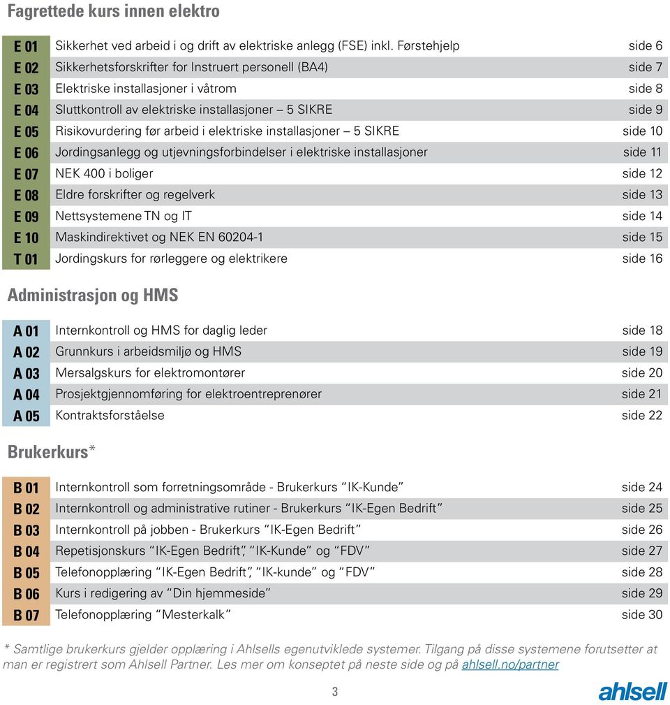 Risikovurdering før arbeid i elektriske installasjoner 5 SIKRE side 10 E 06 Jordingsanlegg og utjevningsforbindelser i elektriske installasjoner side 11 E 07 NEK 400 i boliger side 12 E 08 Eldre