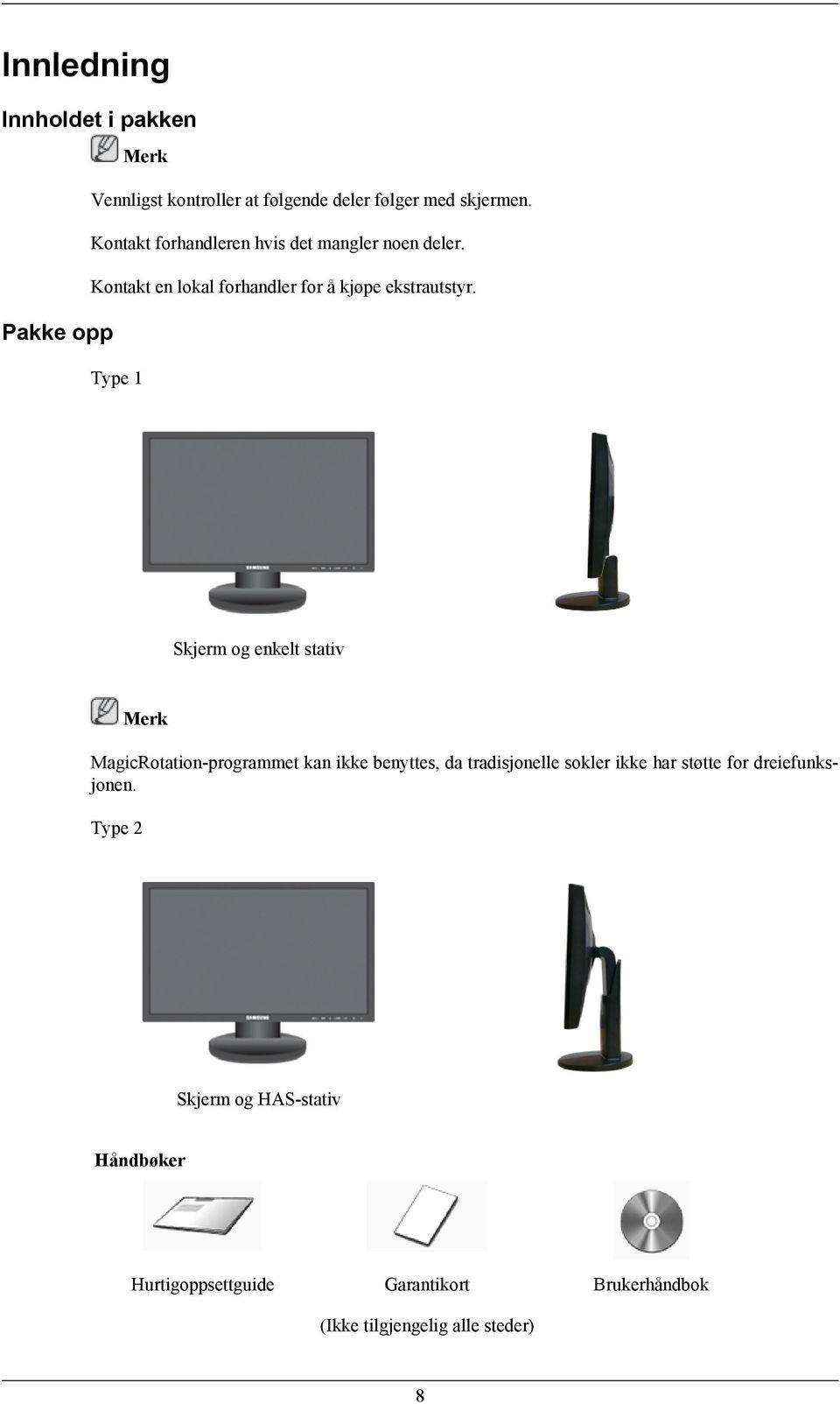 Pakke opp Type 1 Skjerm og enkelt stativ Merk MagicRotation-programmet kan ikke benyttes, da tradisjonelle sokler