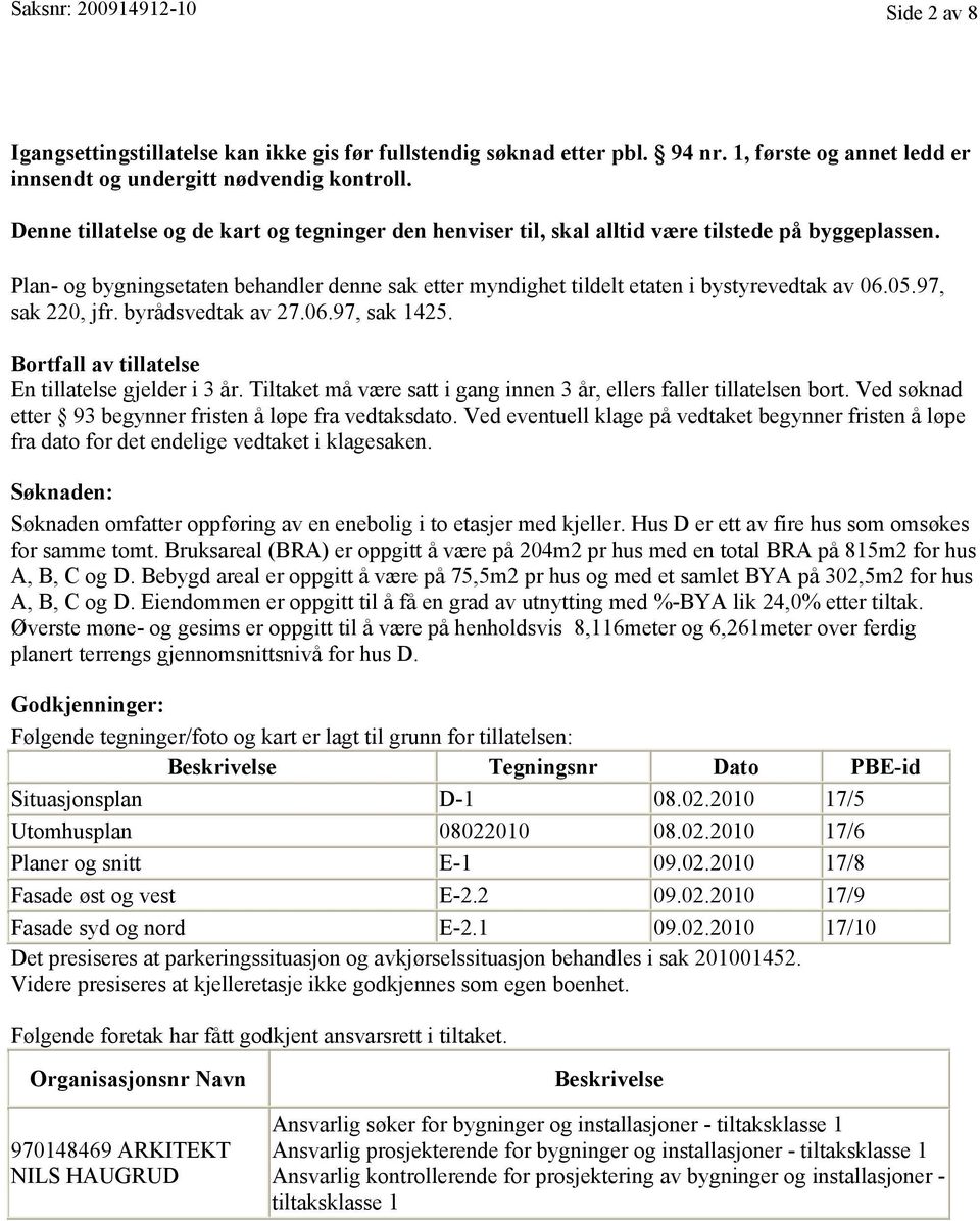 05.97, sak 220, jfr. byrådsvedtak av 27.06.97, sak 1425. Bortfall av tillatelse En tillatelse gjelder i 3 år. Tiltaket må være satt i gang innen 3 år, ellers faller tillatelsen bort.