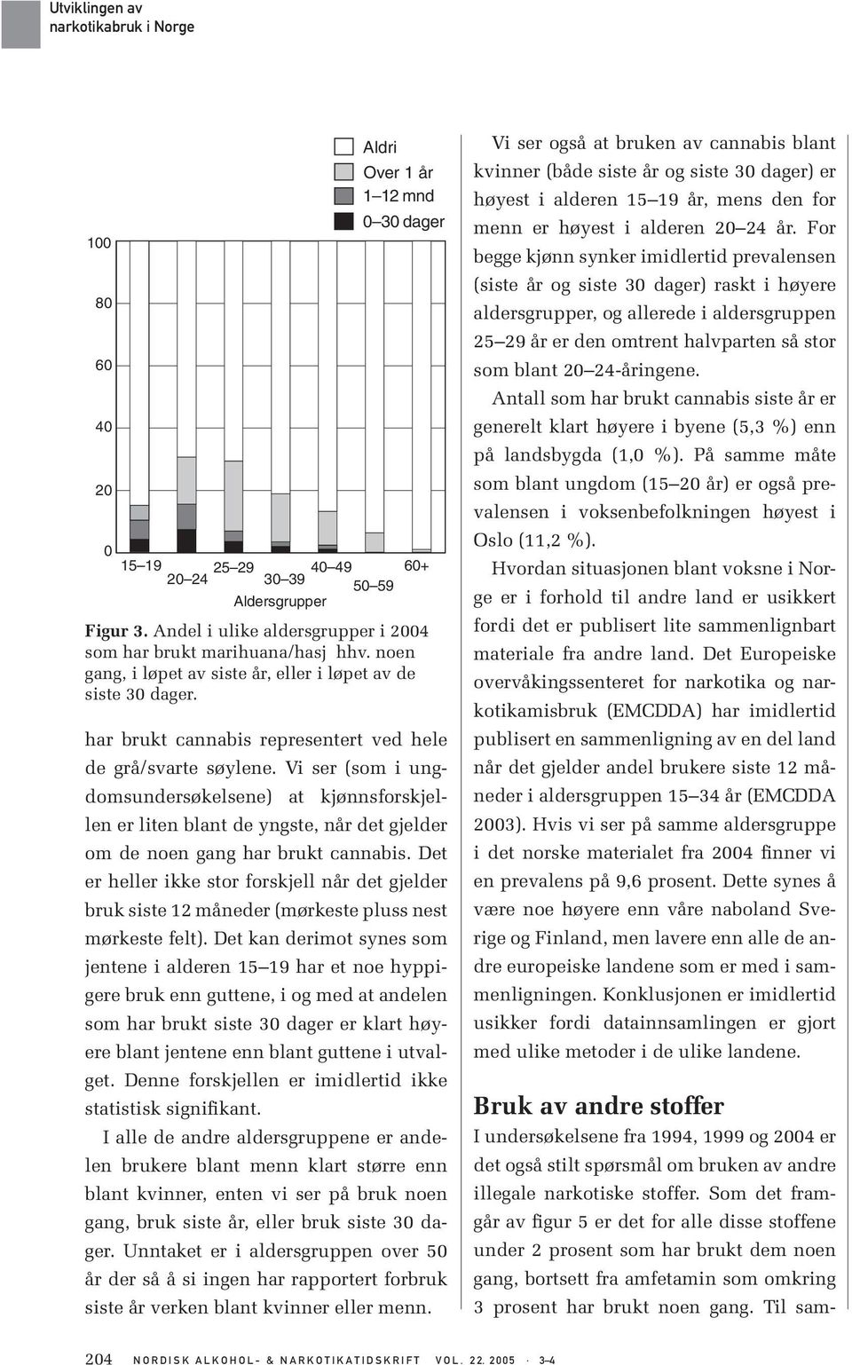 Vi ser (som i ungdomsundersøkelsene) at kjønnsforskjellen er liten blant de yngste, når det gjelder om de noen gang har brukt cannabis.