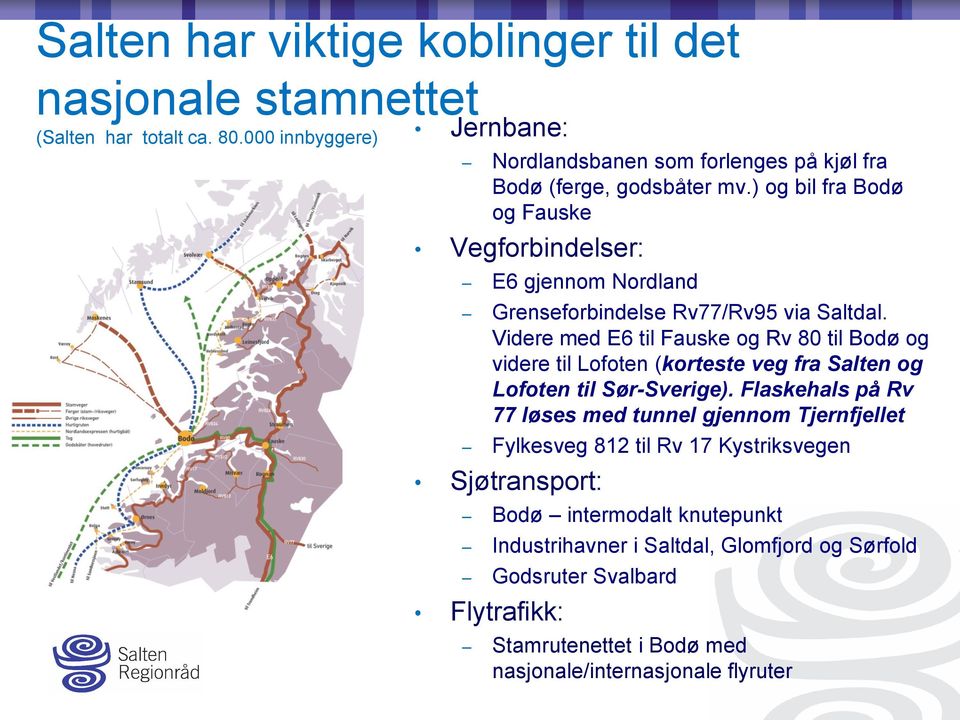 ) og bil fra Bodø og Fauske Vegforbindelser: E6 gjennom Nordland Grenseforbindelse Rv77/Rv95 via Saltdal.