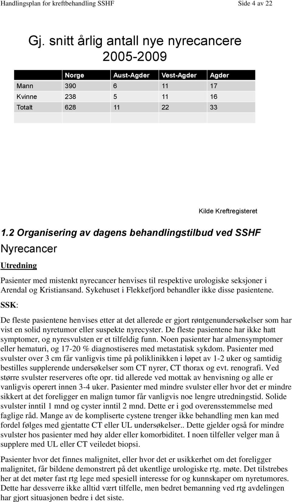 2 Organisering av dagens behandlingstilbud ved SSHF Nyrecancer Utredning Pasienter med mistenkt nyrecancer henvises til respektive urologiske seksjoner i Arendal og Kristiansand.