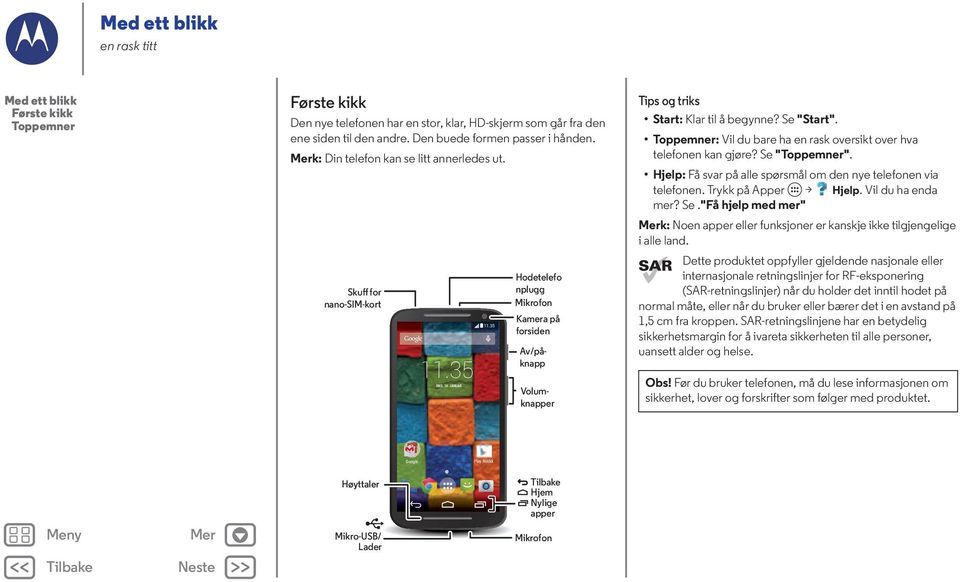 35 Hodetelefo nplugg Mikrofon Kamera på forsiden Volumknapper Av/påknapp Tips og triks Start: Klar til å begynne? Se "Start". Toppemner: Vil du bare ha en rask oversikt over hva telefonen kan gjøre?