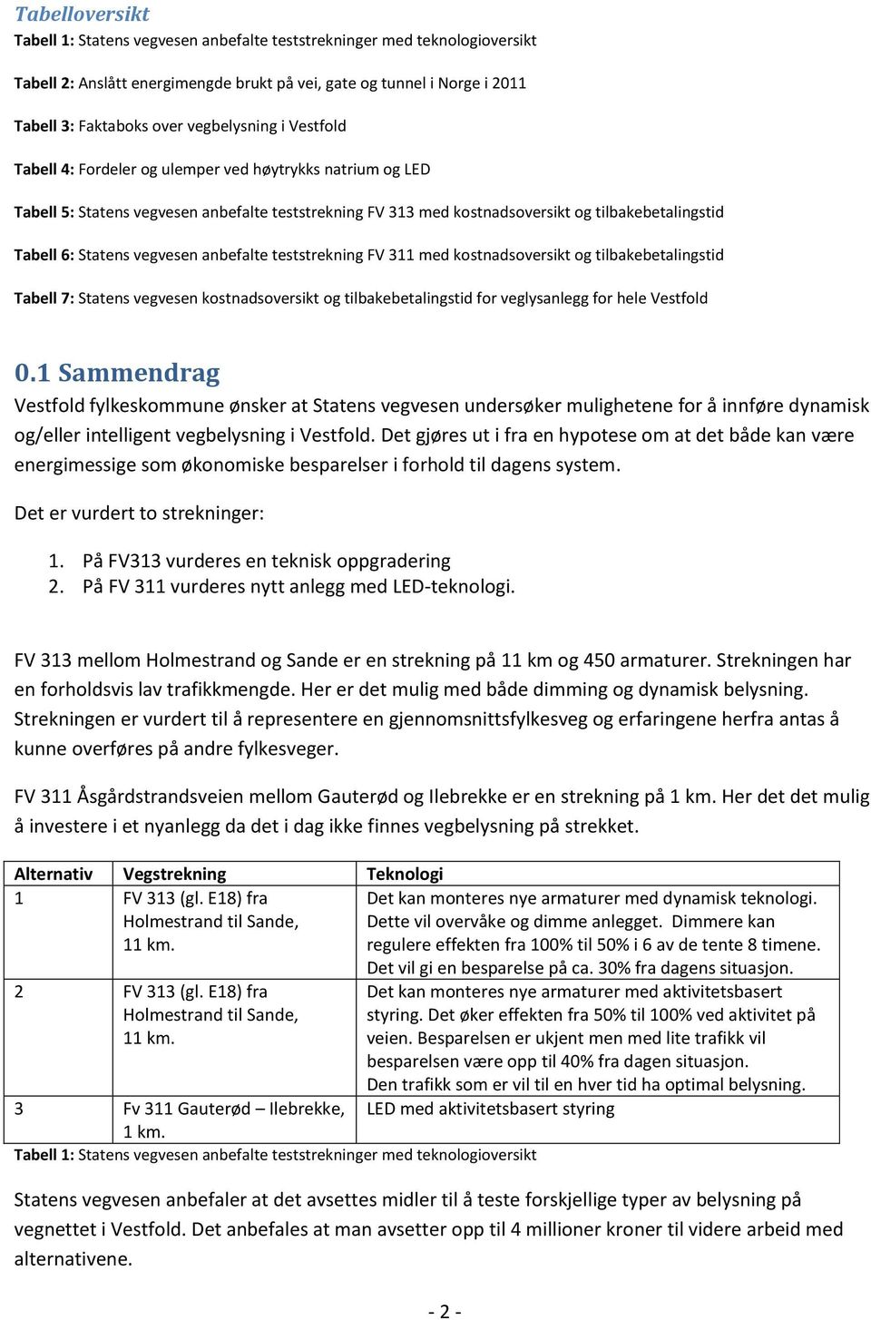 Statens vegvesen anbefalte teststrekning FV 311 med kostnadsoversikt og tilbakebetalingstid Tabell 7: Statens vegvesen kostnadsoversikt og tilbakebetalingstid for veglysanlegg for hele Vestfold 0.