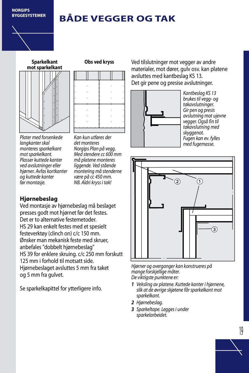 Ved stående montering må stenderne være på cc 450. NB. Aldri kryss i tak! Ved tilslutninger mot vegger av andre materialer, mot dører, gulv osv. kan platene avsluttes med kantbeslag KS 13.