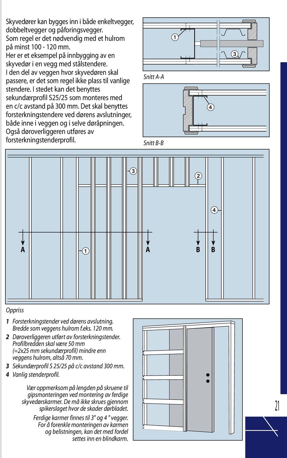 I stedet kan det benyttes sekundærprofil S25/25 som monteres med en c/c avstand på 300. Det skal benyttes forsterkningstendere ved dørens avslutninger, både inne i veggen og i selve døråpningen.