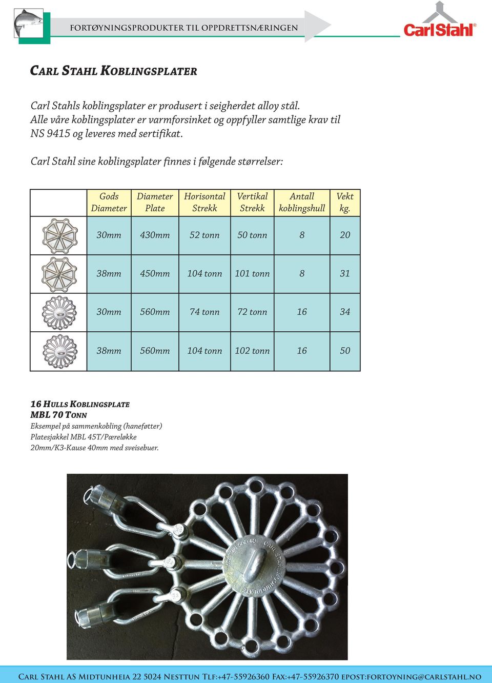 Carl Stahl sine koblingsplater finnes i følgende størrelser: Gods Diameter Diameter Plate Horisontal Strekk Vertikal Strekk Antall koblingshull Vekt kg.