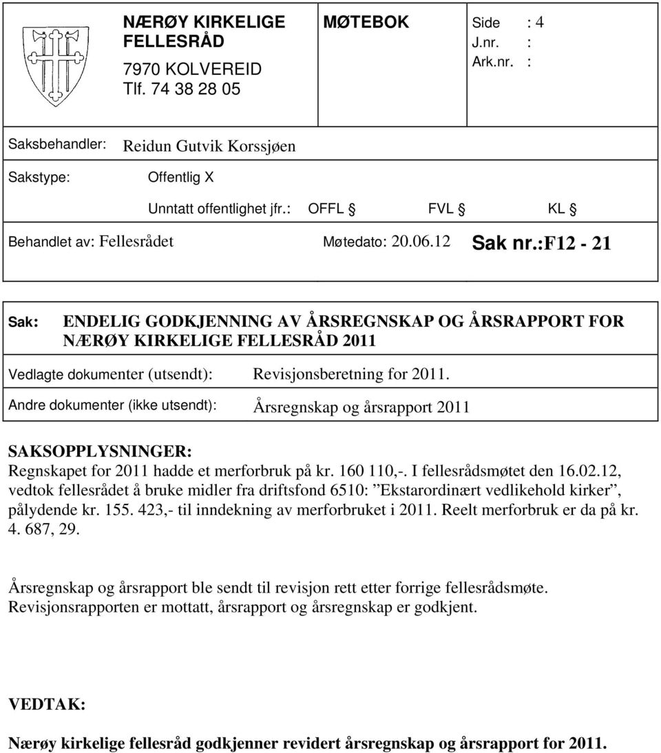 Andre dokumenter (ikke utsendt): Årsregnskap og årsrapport 2011 SAKSOPPLYSNINGER: Regnskapet for 2011 hadde et merforbruk på kr. 160 110,-. I fellesrådsmøtet den 16.02.