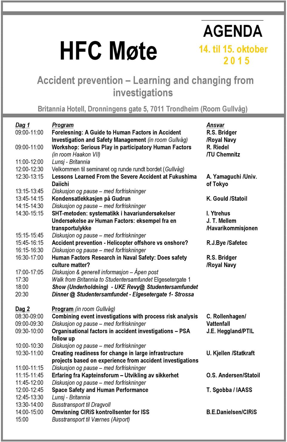 to Human Factors in Accident Investigation and Safety Management (in room Gullvåg) R.S. Bridger /Royal Navy 09:00-11:00 Workshop: Serious Play in participatory Human Factors R.