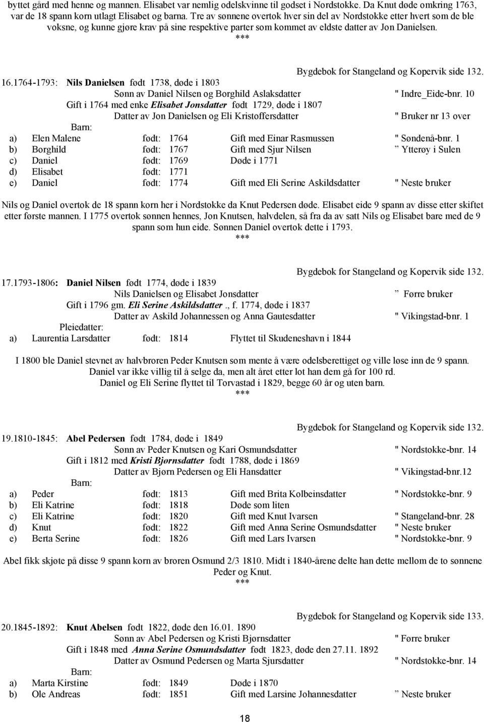 Bygdebok for Stangeland og Kopervik side 132. 16.1764-1793: Nils Danielsen født 1738, døde i 1803 Sønn av Daniel Nilsen og Borghild Aslaksdatter " Indre_Eide-bnr.