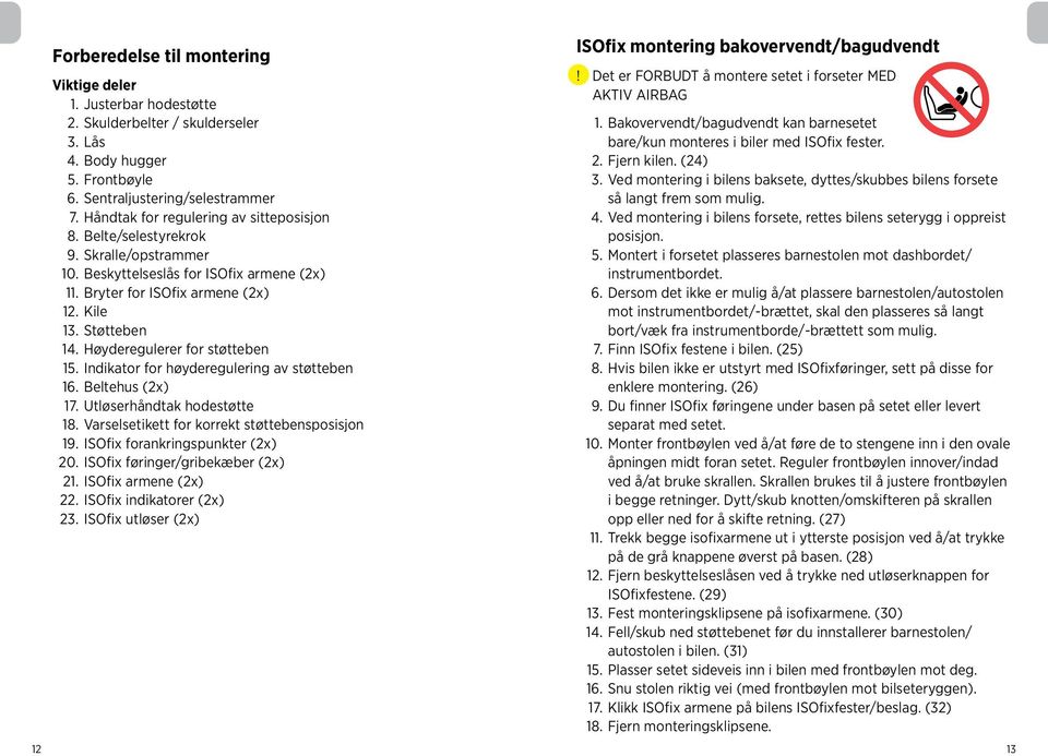 Høyderegulerer for støtteben 15. Indikator for høyderegulering av støtteben 16. Beltehus (2x) 17. Utløserhåndtak hodestøtte 18. Varselsetikett for korrekt støttebensposisjon 19.