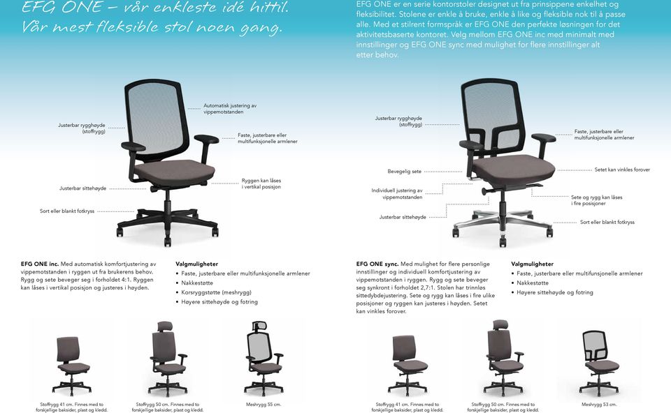 Velg mellom EFG ONE inc med minimalt med innstillinger og EFG ONE sync med mulighet for flere innstillinger alt etter behov.