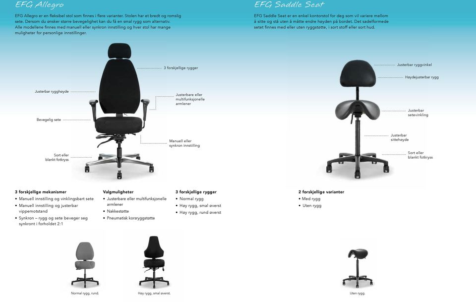 EFG Saddle Seat EFG Saddle Seat er en enkel kontorstol for deg som vil variere mellom å sitte og stå uten å måtte endre høyden på bordet.