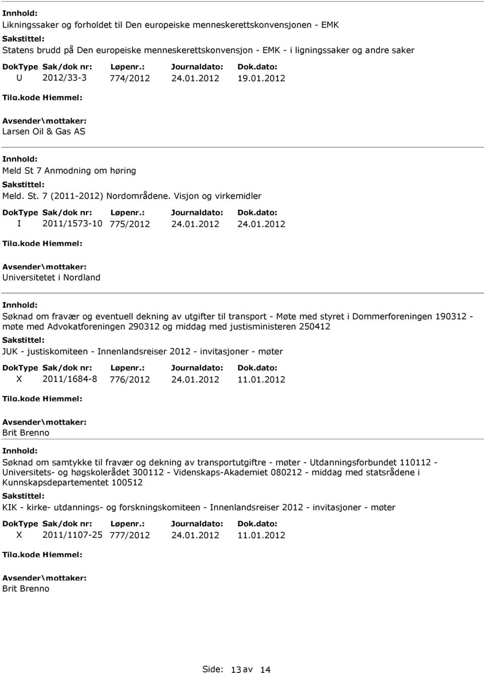 Visjon og virkemidler 2011/1573-10 775/2012 niversitetet i Nordland Søknad om fravær og eventuell dekning av utgifter til transport - Møte med styret i Dommerforeningen 190312 - møte med