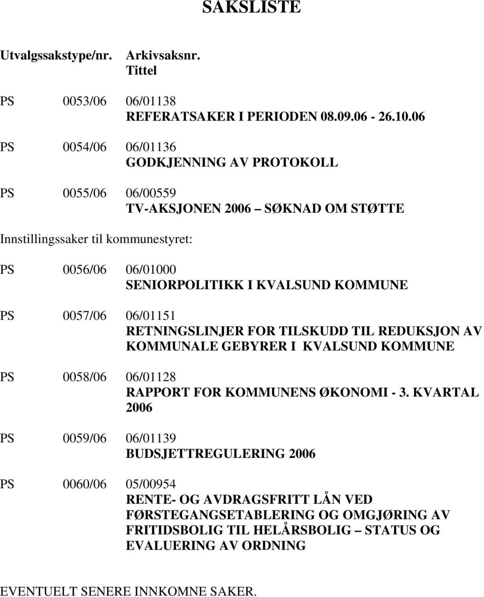 I KVALSUND KOMMUNE PS 0057/06 06/01151 RETNINGSLINJER FOR TILSKUDD TIL REDUKSJON AV KOMMUNALE GEBYRER I KVALSUND KOMMUNE PS 0058/06 06/01128 RAPPORT FOR KOMMUNENS ØKONOMI - 3.