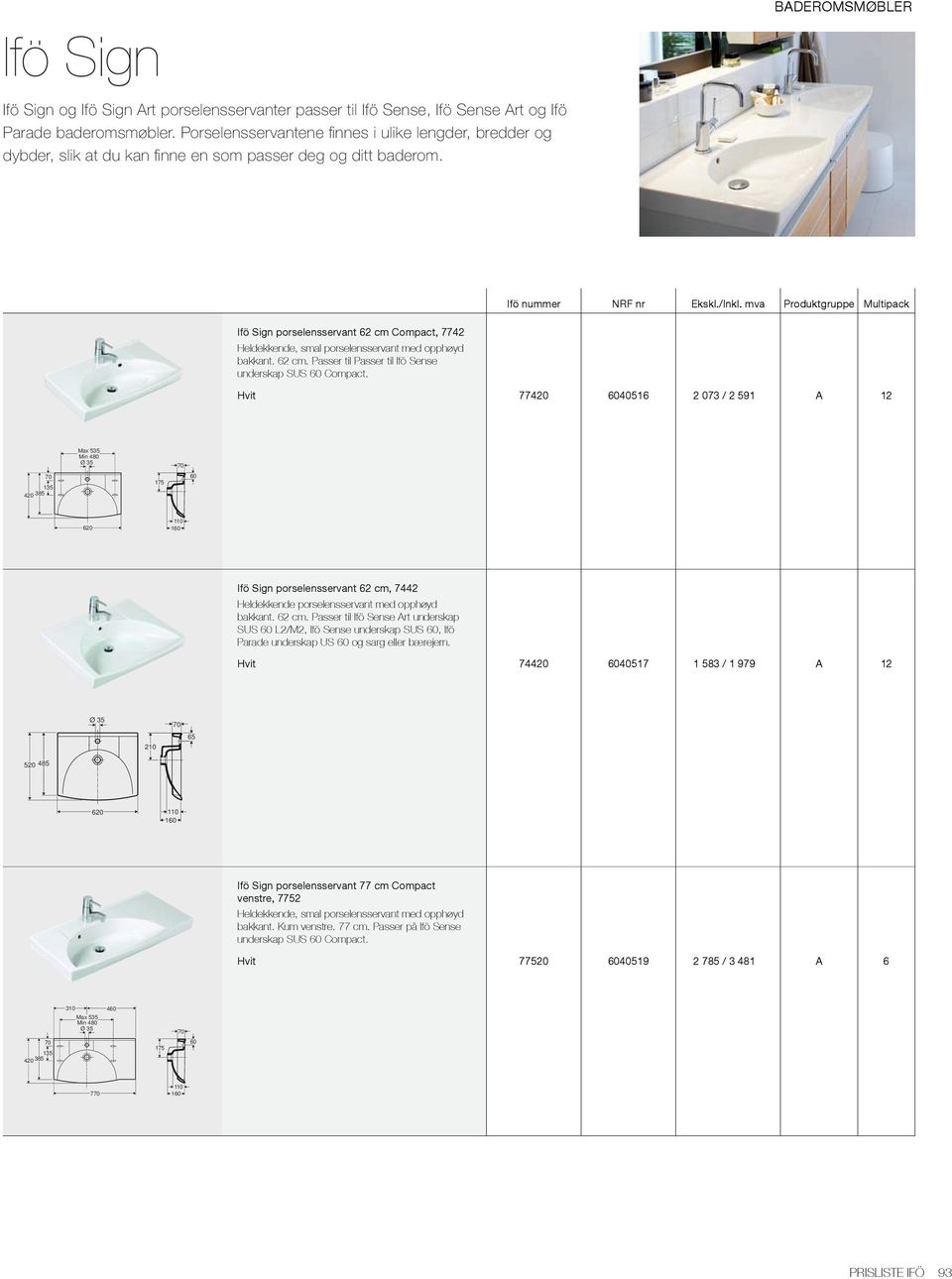 ADEROMSMØLER Ifö Sign porselensservant 62 cm Compact, 7742 Heldekkende, smal porselensservant med opphøyd bakkant. 62 cm. Passer til Passer til Ifö Sense underskap SUS 60 Compact.