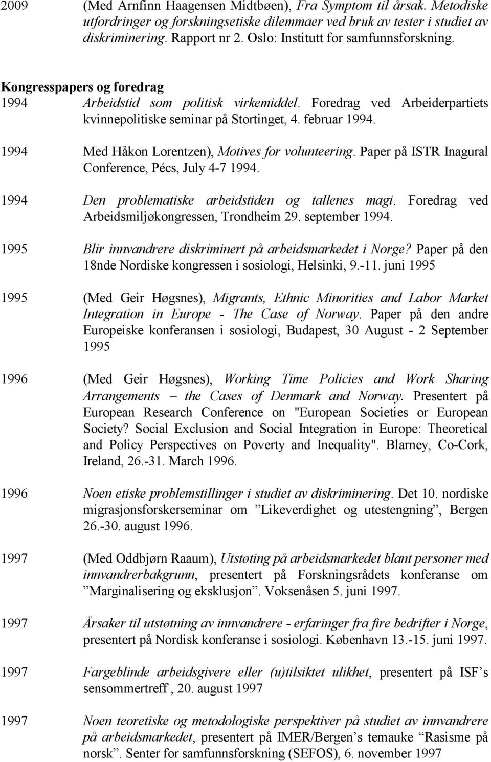 1994 Med Håkon Lorentzen), Motives for volunteering. Paper på ISTR Inagural Conference, Pécs, July 4-7 1994. 1994 Den problematiske arbeidstiden og tallenes magi.