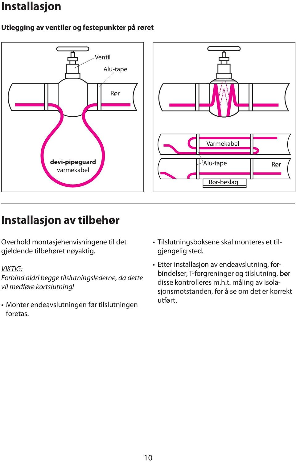 VIKTIG: Forbind aldri begge tilslutningslederne, da dette vil medføre kortslutning! Monter endeavslutningen før tilslutningen foretas.