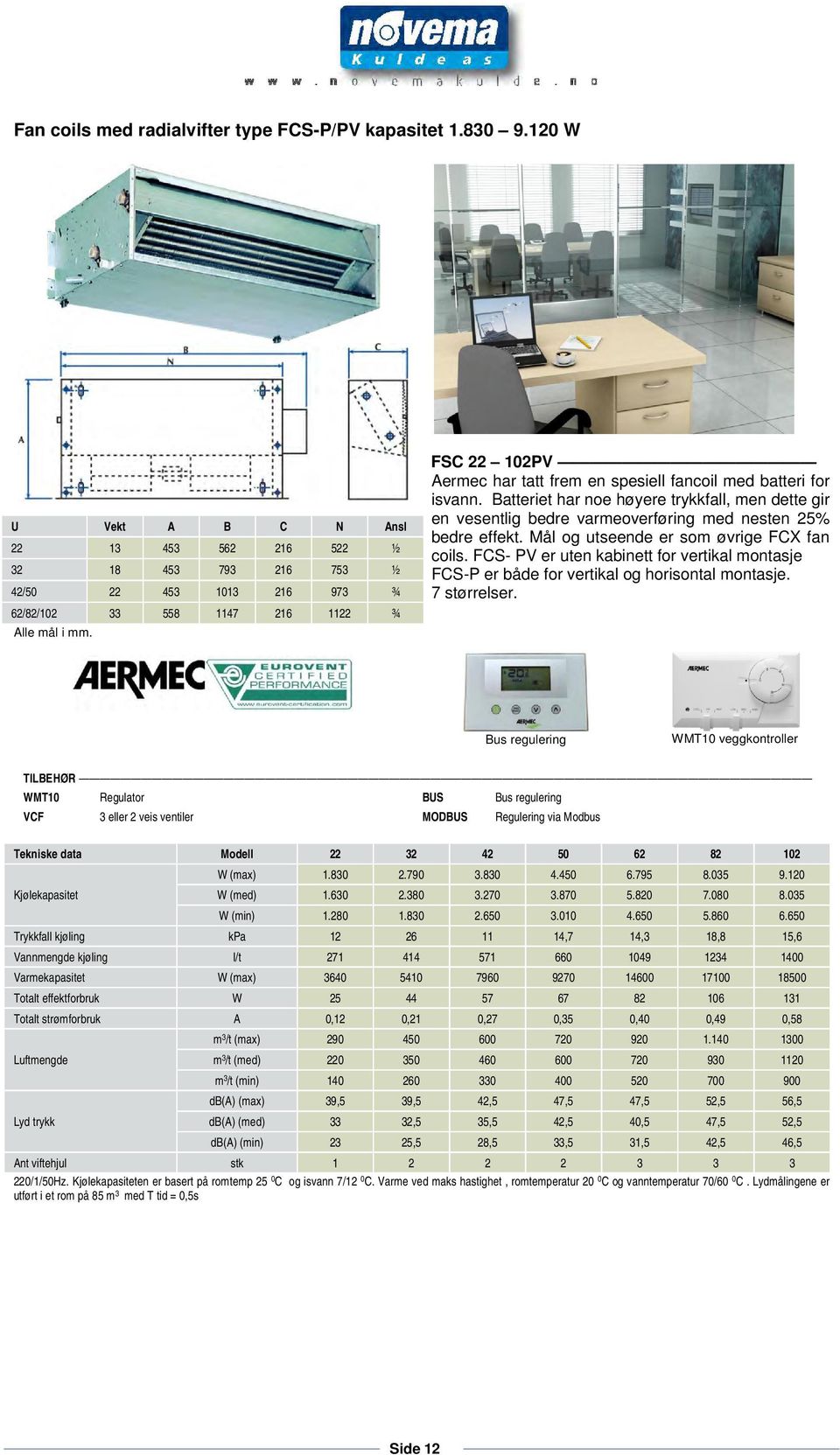 FSC 22 102PV Aermec har tatt frem en spesiell fancoil med batteri for isvann. Batteriet har noe høyere trykkfall, men dette gir en vesentlig bedre varmeoverføring med nesten 25% bedre effekt.