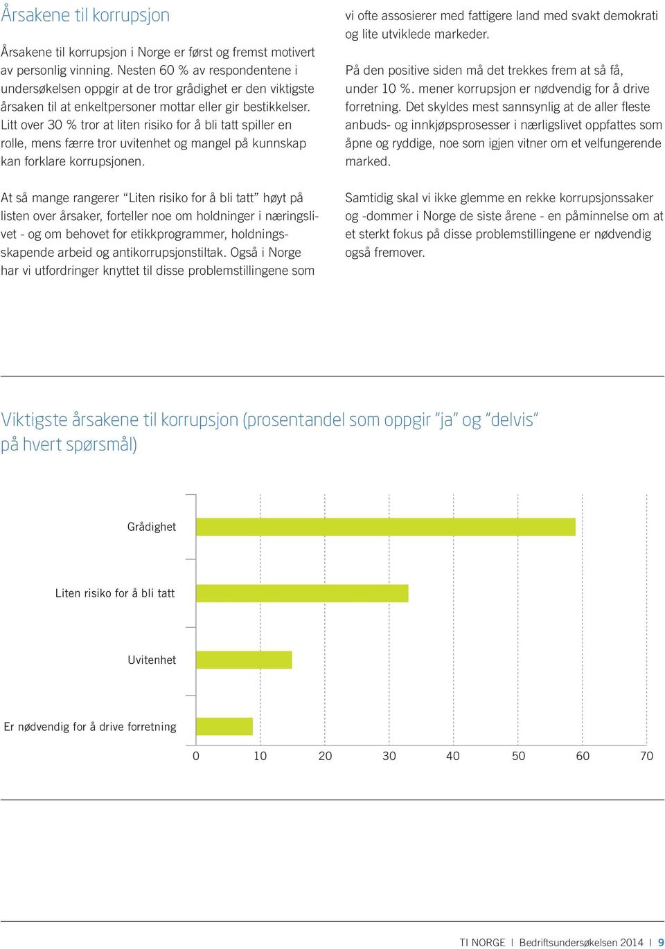 Litt over 30 % tror at liten risiko for å bli tatt spiller en rolle, mens færre tror uvitenhet og mangel på kunnskap kan forklare korrupsjonen.