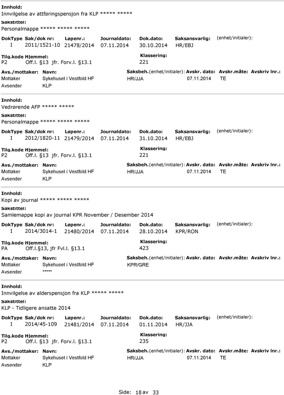 : HR/JJA TE KLP Kopi av journal Samlemappe kopi av journal KPR November / Desember 2014 2014/3014-1 21480/2014 28.10.2014 KPR/RON 423 Avs./mottaker: Navn: Saksbeh. Avskr.