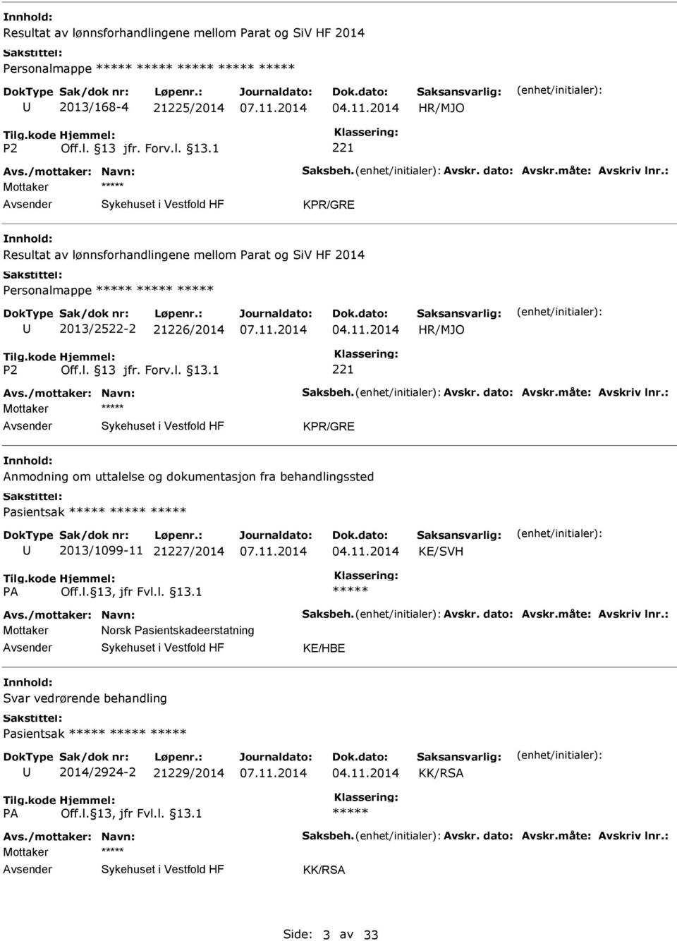 : Anmodning om uttalelse og dokumentasjon fra behandlingssted Pasientsak 2013/1099-11 21227/2014 KE/SVH Avs./mottaker: Navn: Saksbeh. Avskr. dato: Avskr.