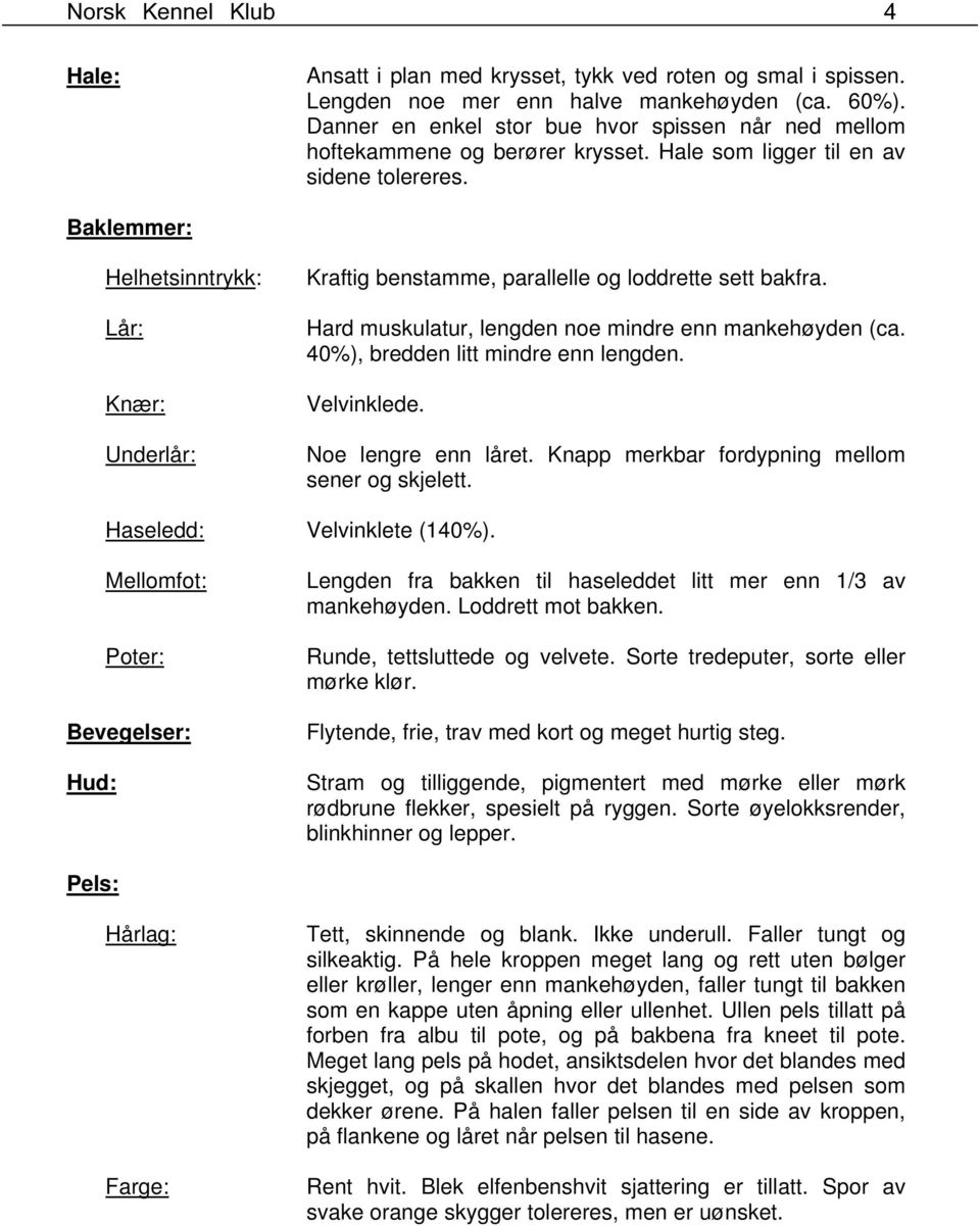 Baklemmer: Helhetsinntrykk: Lår: Knær: Underlår: Kraftig benstamme, parallelle og loddrette sett bakfra. Hard muskulatur, lengden noe mindre enn mankehøyden (ca. 40%), bredden litt mindre enn lengden.