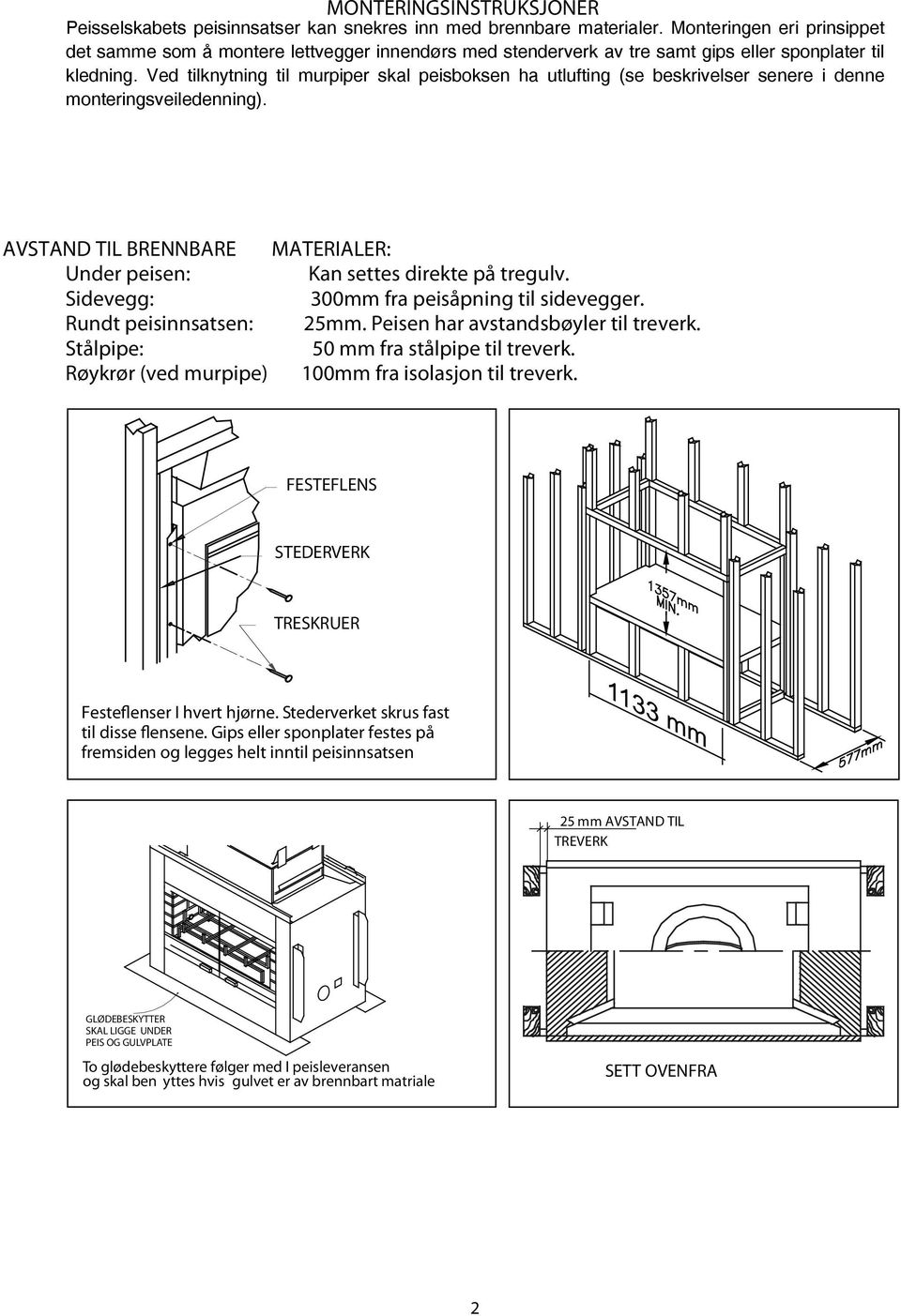 Ved tilknytning til murpiper skal peisboksen ha utlufting (se beskrivelser senere i denne monteringsveiledenning). AVSTAND TIL BRENNBARE MATERIALER: Under peisen: Kan settes direkte på tregulv.