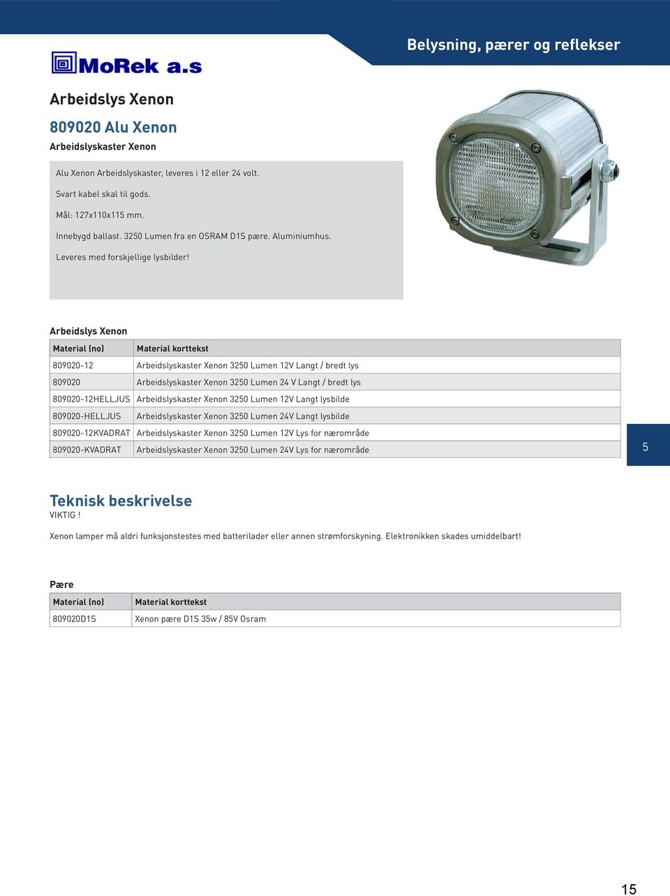 Arbeidslys Xenon 809020-12 Arbeidslyskaster Xenon 320 Lumen 12V Langt / bredt lys 809020 Arbeidslyskaster Xenon 320 Lumen 24 V Langt / bredt lys 809020-12HELLJUS Arbeidslyskaster Xenon 320 Lumen 12V