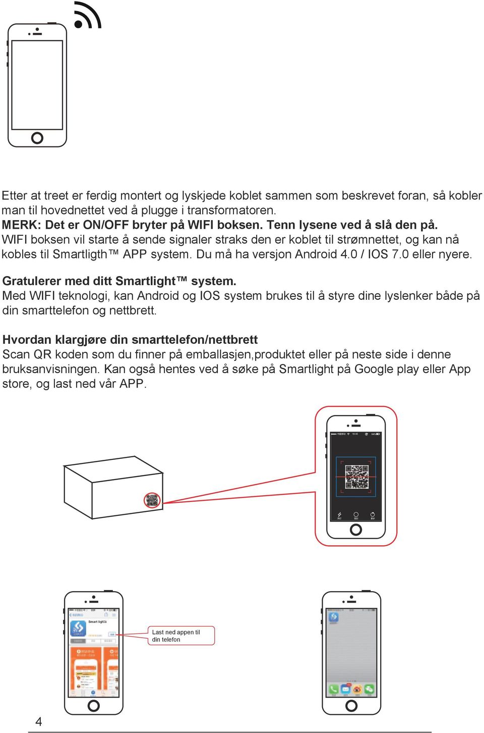 0 eller nyere. Gratulerer med ditt Smartlight system. Med WIFI teknologi, kan Android og IOS system brukes til å styre dine lyslenker både på din smarttelefon og nettbrett.