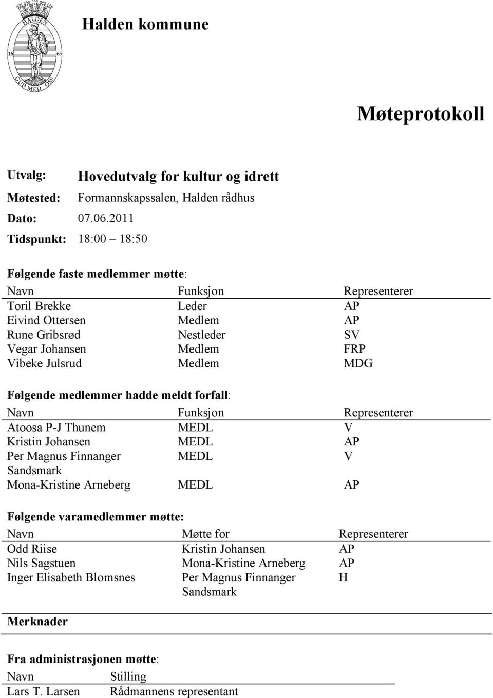 AP Rune Gribsrød Nestleder SV Vegar Johansen Medlem FRP Vibeke Julsrud Medlem MDG Følgende medlemmer hadde meldt forfall: Navn Funksjon Representerer Atoosa P-J Thunem MEDL V Kristin Johansen MEDL AP