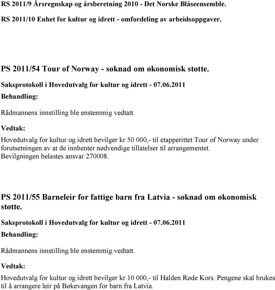 Hovedutvalg for kultur og idrett bevilger kr 50 000,- til etapperittet Tour of Norway under forutsetningen av at de innhenter nødvendige tillatelser til arrangementet.