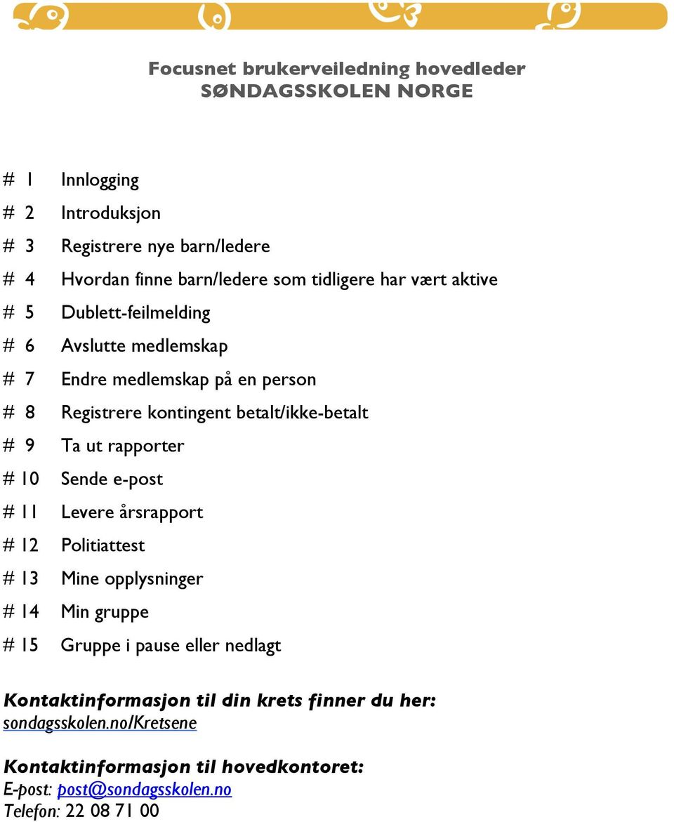 9 Ta ut rapporter # 10 Sende e-post # 11 Levere årsrapport # 12 Politiattest # 13 Mine opplysninger # 14 Min gruppe # 15 Gruppe i pause eller nedlagt