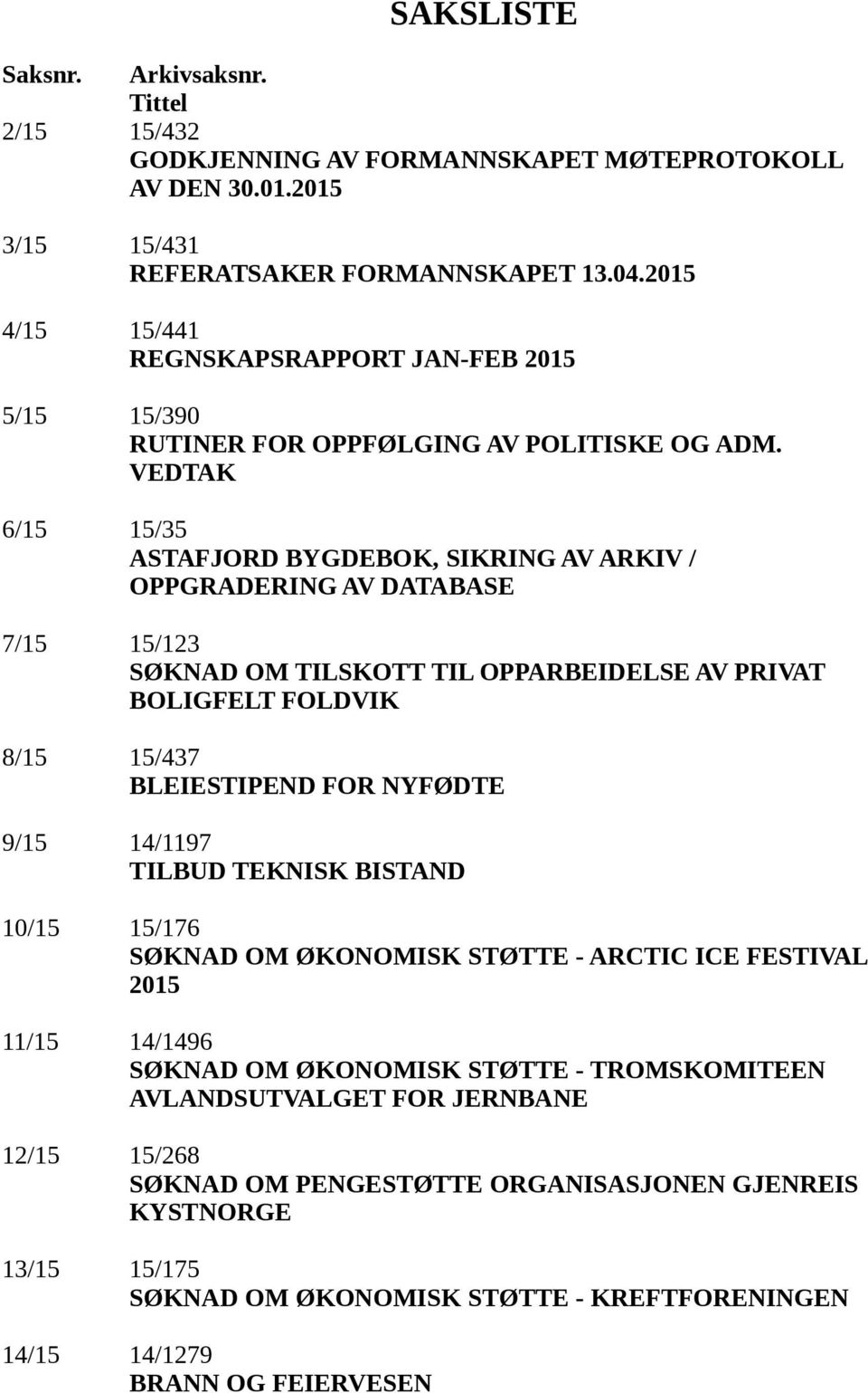 VEDTAK 6/15 15/35 ASTAFJORD BYGDEBOK, SIKRING AV ARKIV / OPPGRADERING AV DATABASE 7/15 15/123 SØKNAD OM TILSKOTT TIL OPPARBEIDELSE AV PRIVAT BOLIGFELT FOLDVIK 8/15 15/437 BLEIESTIPEND FOR NYFØDTE