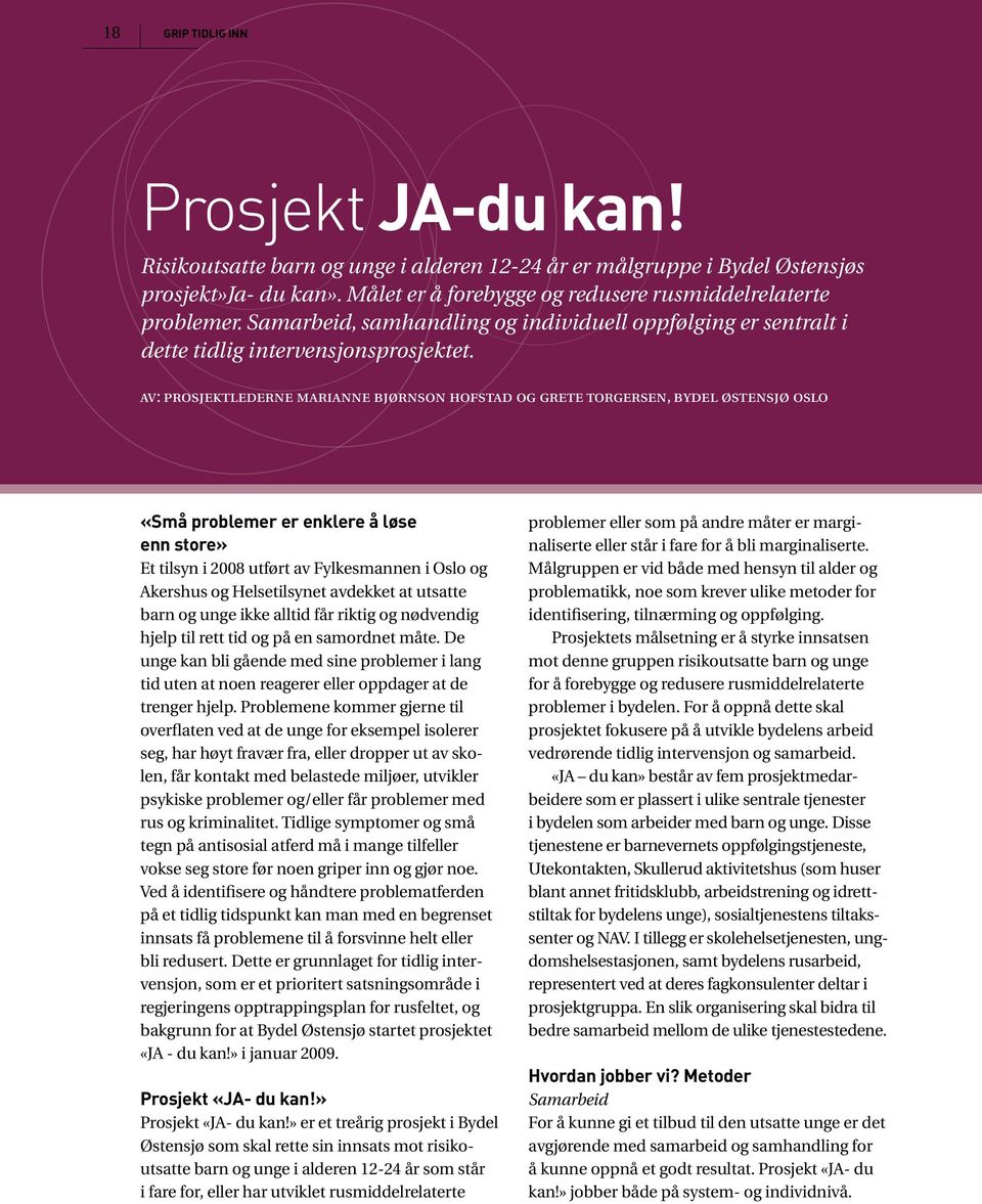 av: prosjektlederne marianne bjørnson hofstad og grete torgersen, bydel ØstensjØ oslo «Små problemer er enklere å løse enn store» Et tilsyn i 2008 utført av Fylkesmannen i Oslo og Akershus og