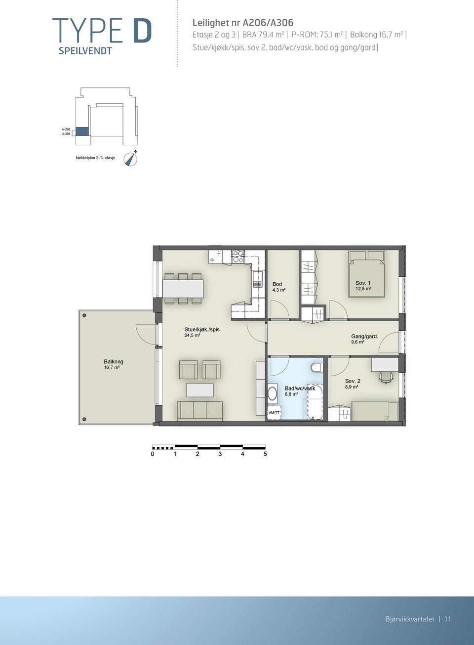 etasje 4,3 m² 12,5 m² Stue/kjøk./spis 34,5 m² 9,6 m² 16,7 m² Bad/wc/vask 6,8 m² Sov.