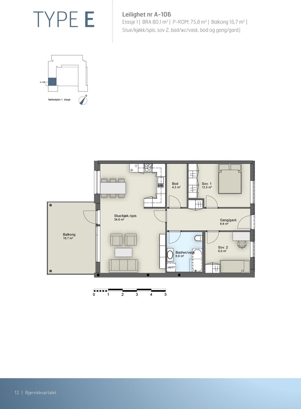 etasje 4,3 m² 12,5 m² Stue/kjøk./spis 34,6 m² 9,6 m² 16,7 m² Bad/wc/vask 6,9 m² Sov.