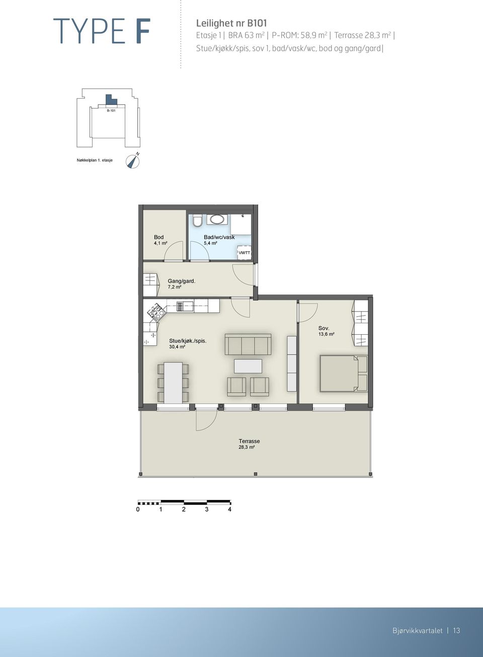 etasje 4,1 m² Bad/wc/vask 5,4 m² VM/TT 7,2 m² Stue/kjøk./spis. 30,4 m² Sov.
