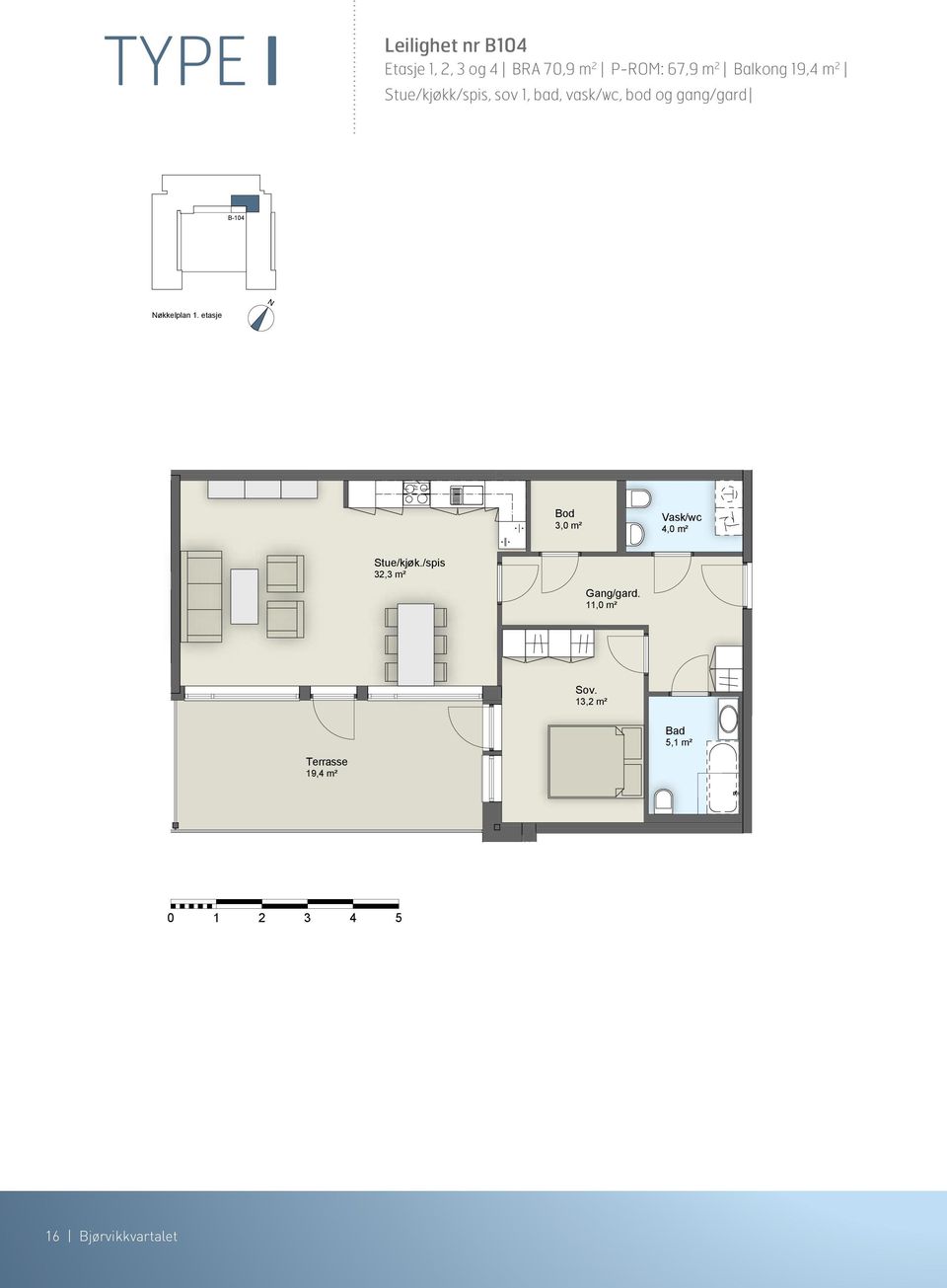 etasje 3,0 m² Vask/wc 4,0 m² Stue/kjøk./spis 32,3 m² 11,0 m² Sov.