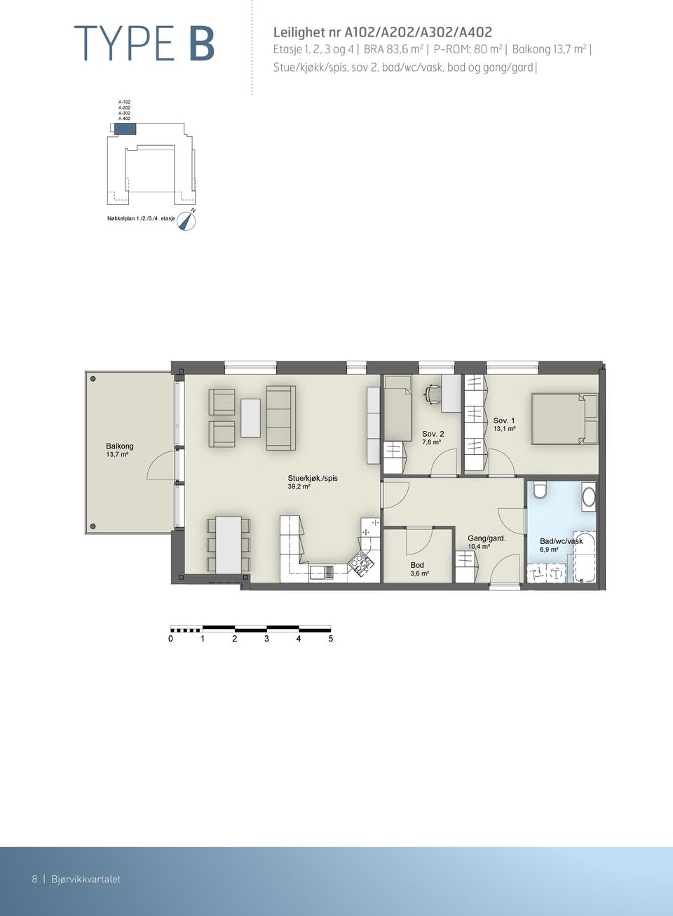 økkelplan 1./2./3./4. etasje 13,7 m² Sov. 2 7,6 m² 13,1 m² Stue/kjøk.