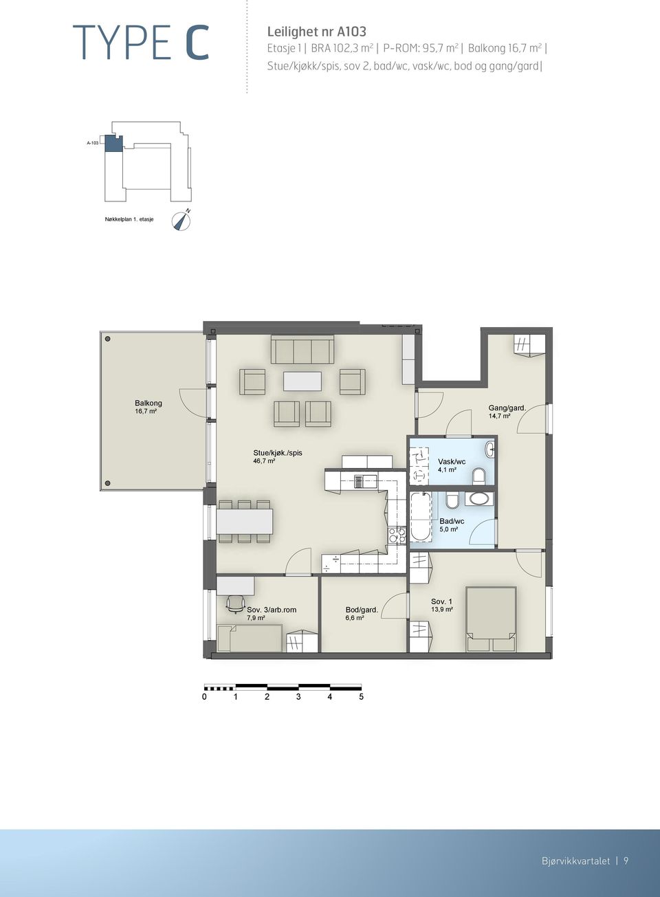 etasje 16,7 m² 14,7 m² Stue/kjøk./spis 46,7 m² Vask/wc 4,1 m² Bad/wc 5,0 m² Sov.