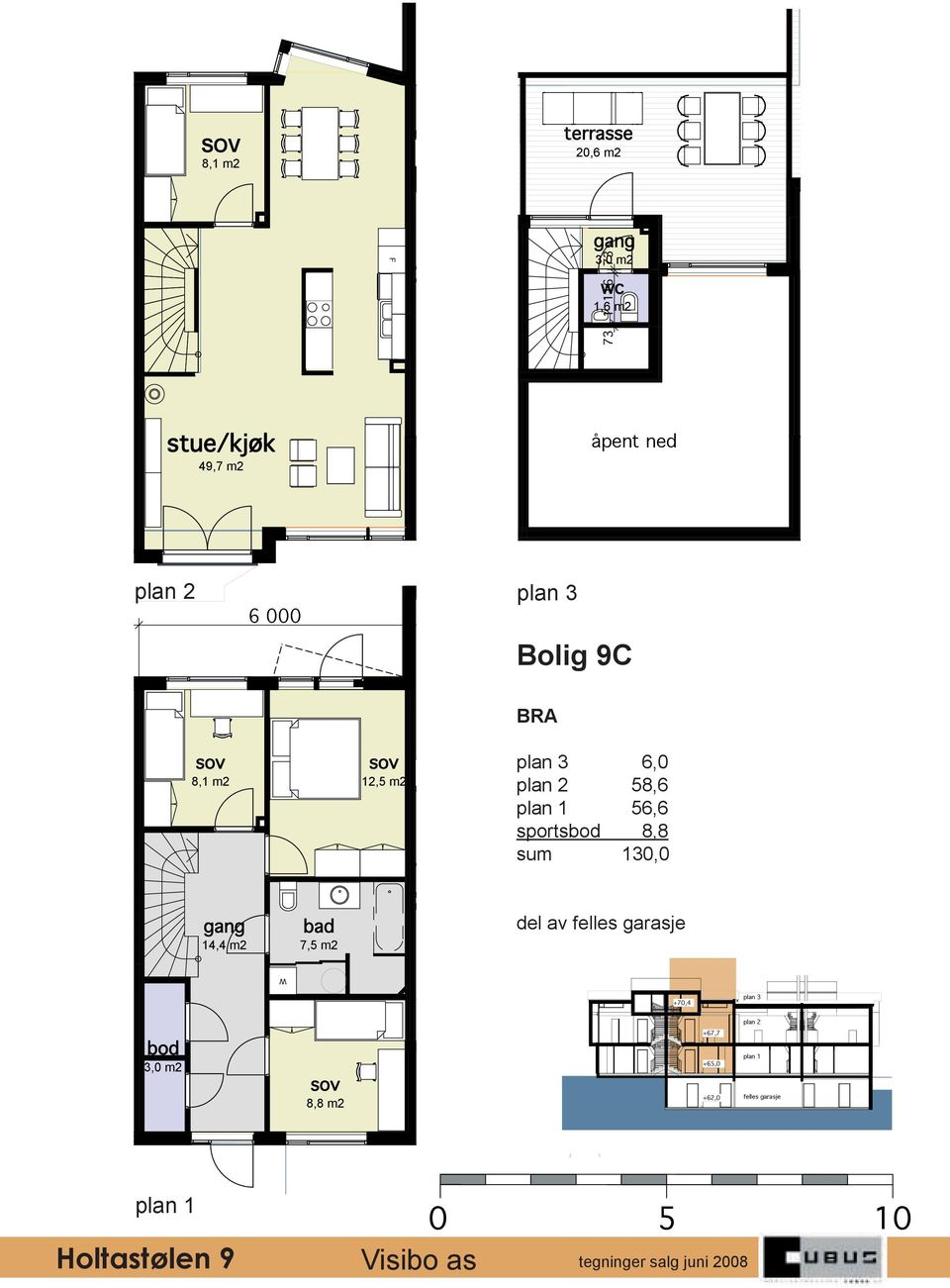 56,6 sportsbod 8,8 sum 130,0 del av felles garasje plan