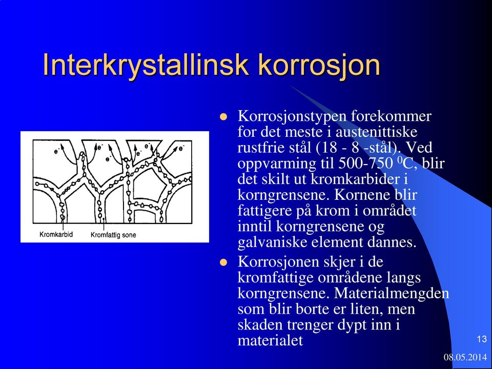 Kornene blir fattigere på krom i området inntil korngrensene og galvaniske element dannes.