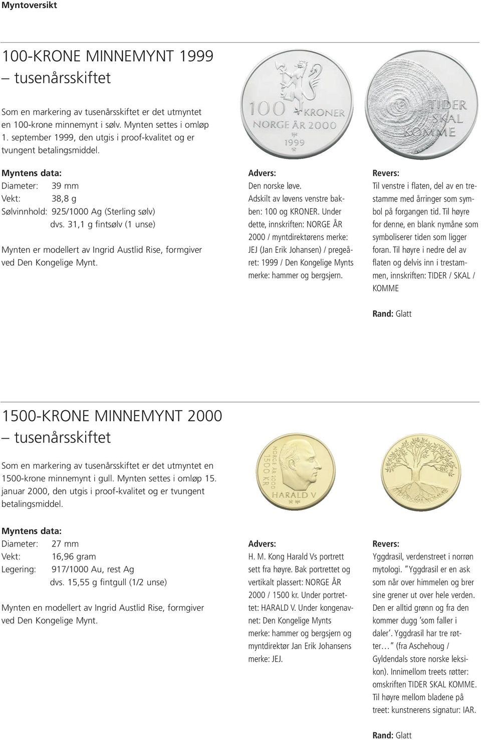 31,1 g fintsølv (1 unse) Mynten er modellert av Ingrid Austlid Rise, formgiver ved Den Kongelige Mynt. Den norske løve. Adskilt av løvens venstre bakben: 100 og KRONER.