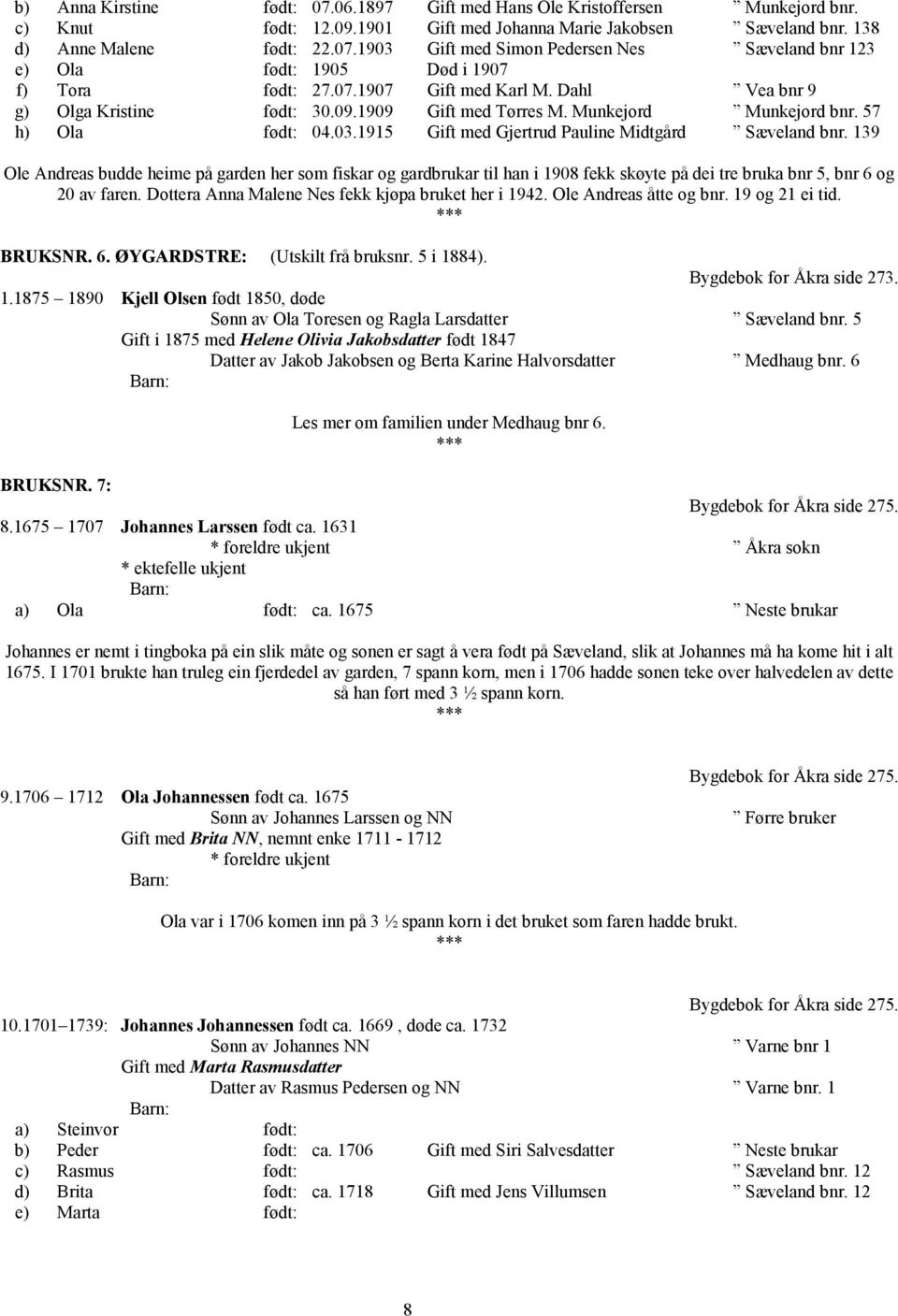 139 Ole Andreas budde heime på garden her som fiskar og gardbrukar til han i 1908 fekk skøyte på dei tre bruka bnr 5, bnr 6 og 20 av faren. Dottera Anna Malene Nes fekk kjøpa bruket her i 1942.