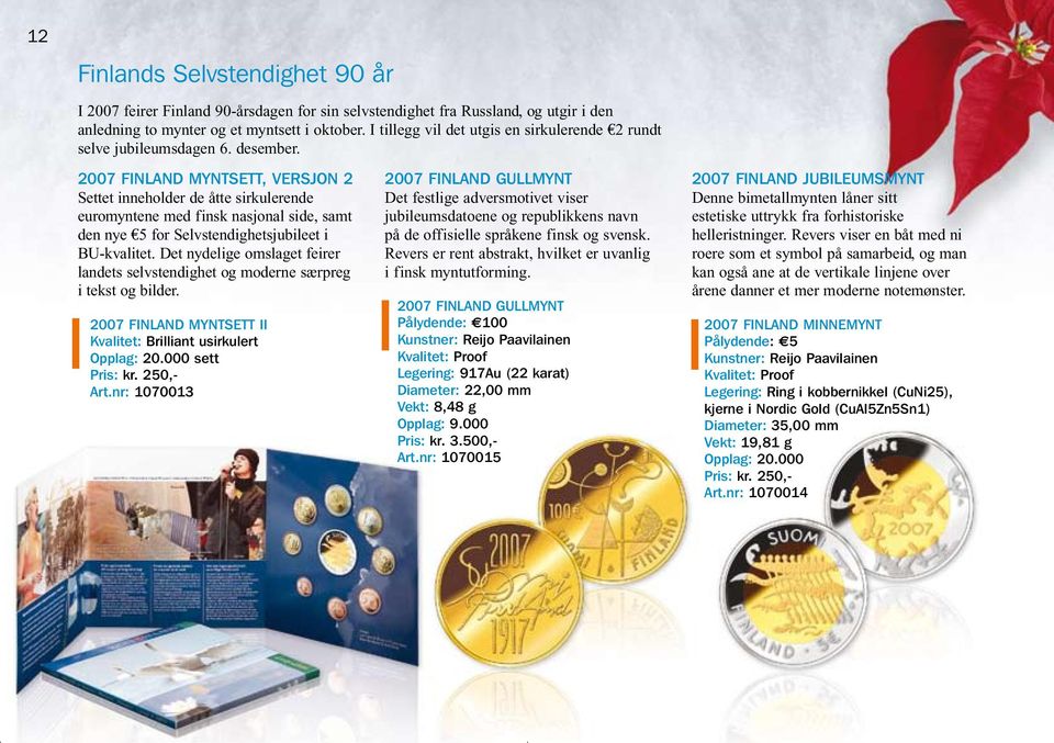 2007 FINLAND MYNTSETT, VERSJON 2 Settet inneholder de åtte sirkulerende euromyntene med finsk nasjonal side, samt den nye 5 for Selvstendighetsjubileet i BU-kvalitet.